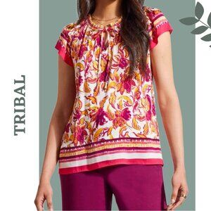 Tribal Border Print Knit Top Ruffle Short Sleeve Pink Yellow White Size XXL